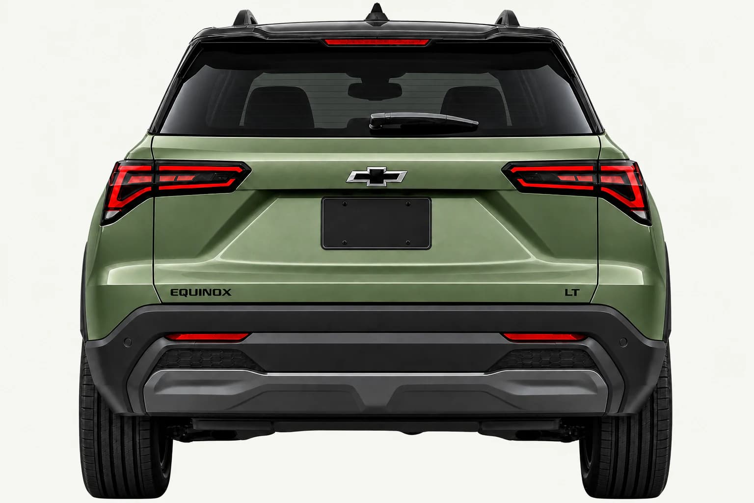 Rear view of an olive green 2026 Chevrolet Equinox LT